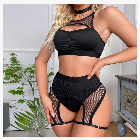 Sexy black garter yoga lingerie fishnet shorts bra top set festival rave strappy